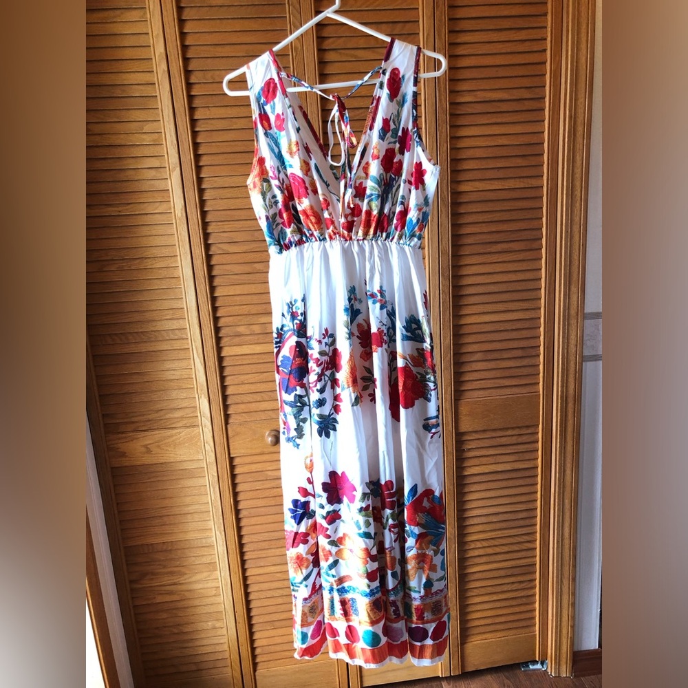 White Floral Maxi Dress with Red & Blue Print